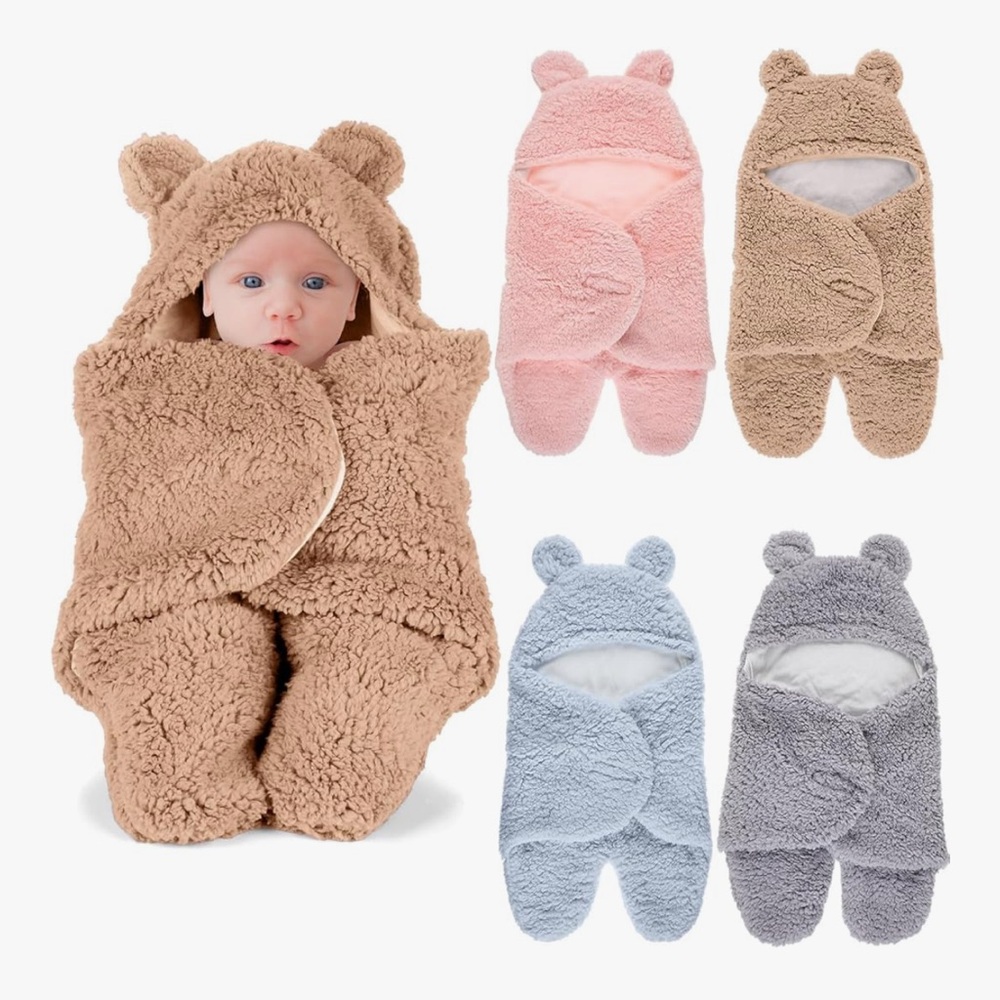 New Cream Winter Baby Swaddle Blanket Bear Plush Newborn Gift for 0-6 Months